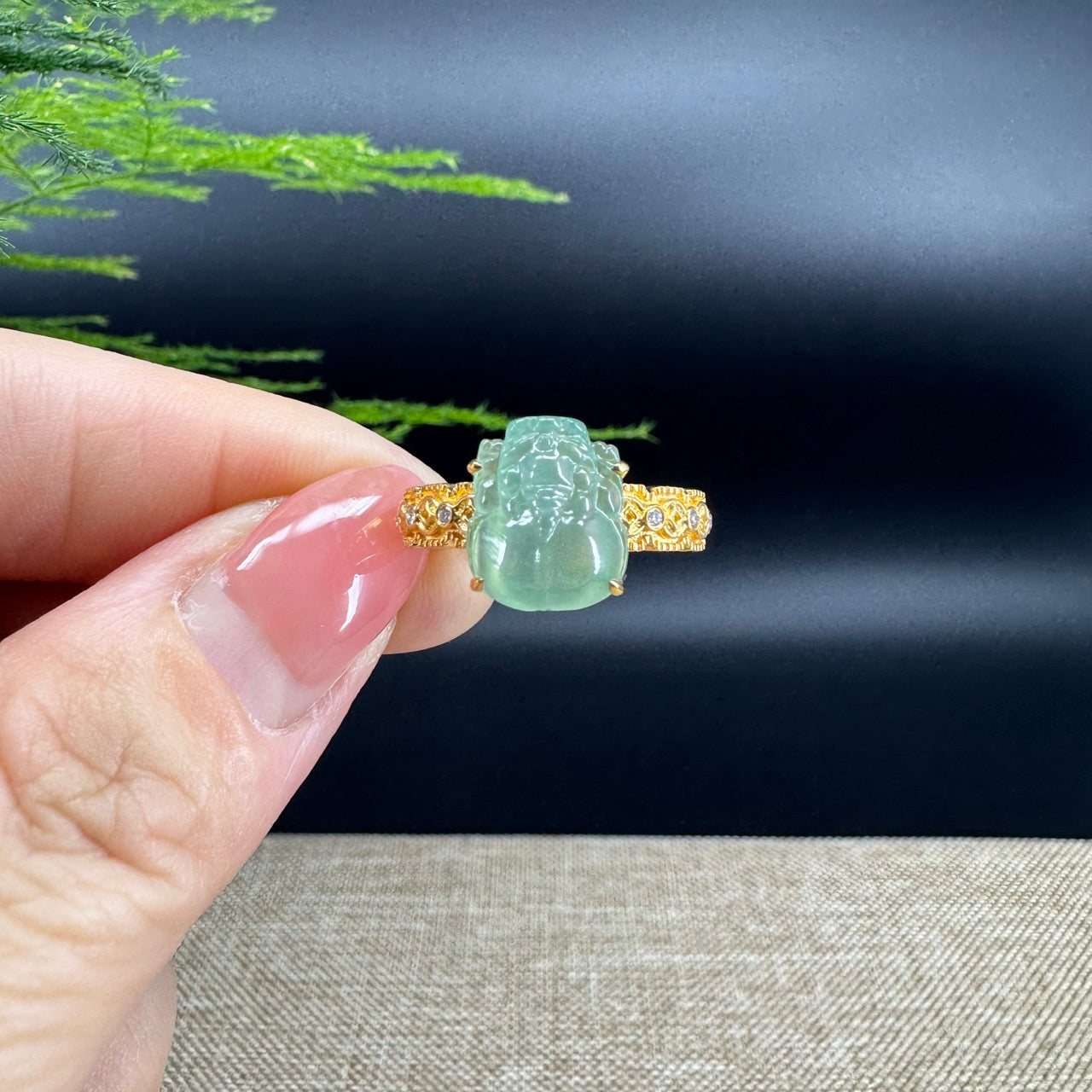 RealJade® "Signature Signet" 18K Yellow Gold Icy Green Jadeite Jade Diamonds PiXiu Ring