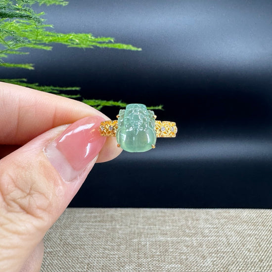 RealJade® "Signature Signet" 18K Yellow Gold Icy Green Jadeite Jade Diamonds PiXiu Ring