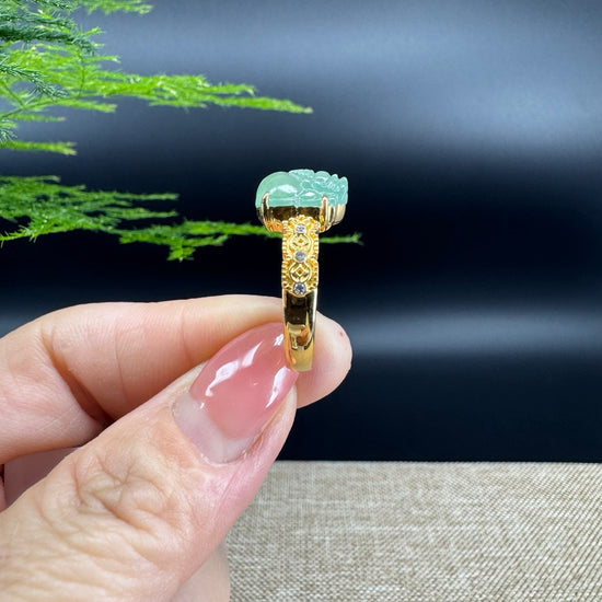 RealJade® "Signature Signet" 18K Yellow Gold Icy Green Jadeite Jade Diamonds PiXiu Ring