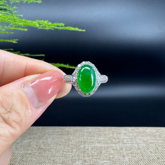 RealJade® "Amelie" 18k White Gold Natural Imperial Green Jadeite Engagement Ring With Diamonds