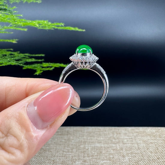 RealJade® "Amelie" 18k White Gold Natural Imperial Green Jadeite Engagement Ring With Diamonds