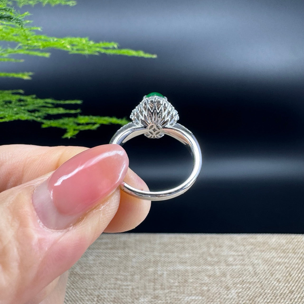 RealJade® "Amelie" 18k White Gold Natural Imperial Green Jadeite Engagement Ring With Diamonds