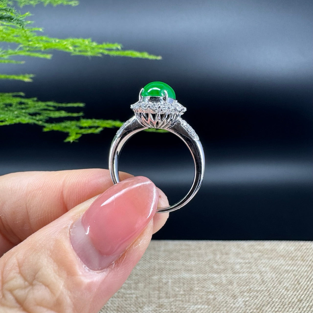 RealJade® "Amelie" 18k White Gold Natural Imperial Green Jadeite Engagement Ring With Diamonds