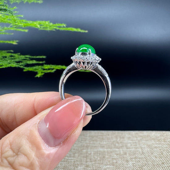 RealJade® "Amelie" 18k White Gold Natural Imperial Green Jadeite Engagement Ring With Diamonds