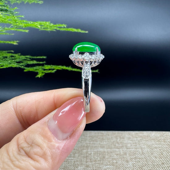 RealJade® "Amelie" 18k White Gold Natural Imperial Green Jadeite Engagement Ring With Diamonds