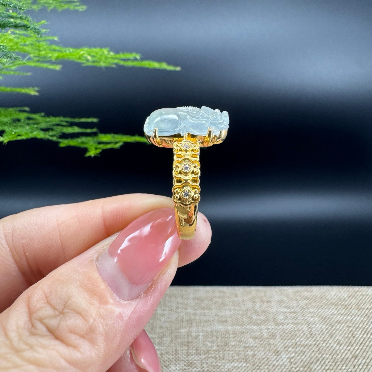 RealJade® "Signature Signet" 18K Yellow Gold Icy Jadeite Jade Diamonds PiXiu Ring