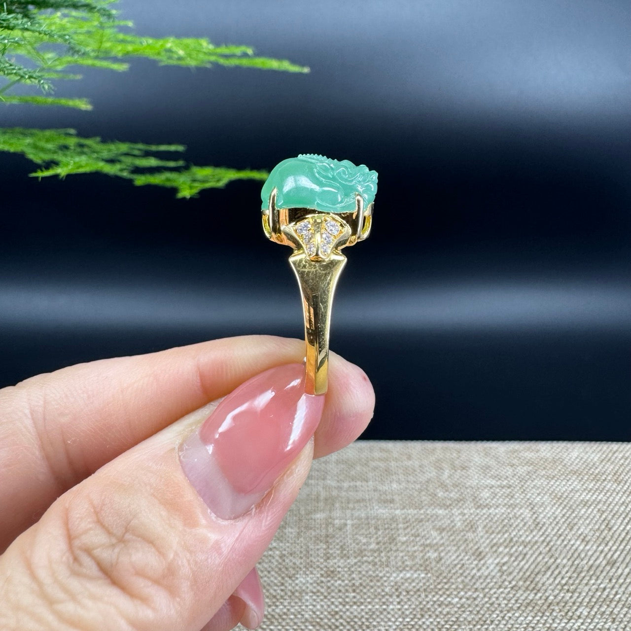 RealJade® "Signature Signet" 18K Yellow Gold  Green Jadeite Jade Diamonds  PiXiu Ring