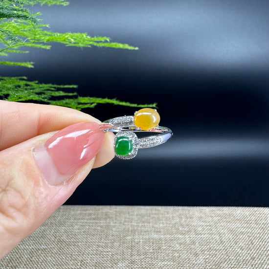 RealJade® "Elora" 18k White Gold Natural Ice Double Color Jadeite Engagement Ring