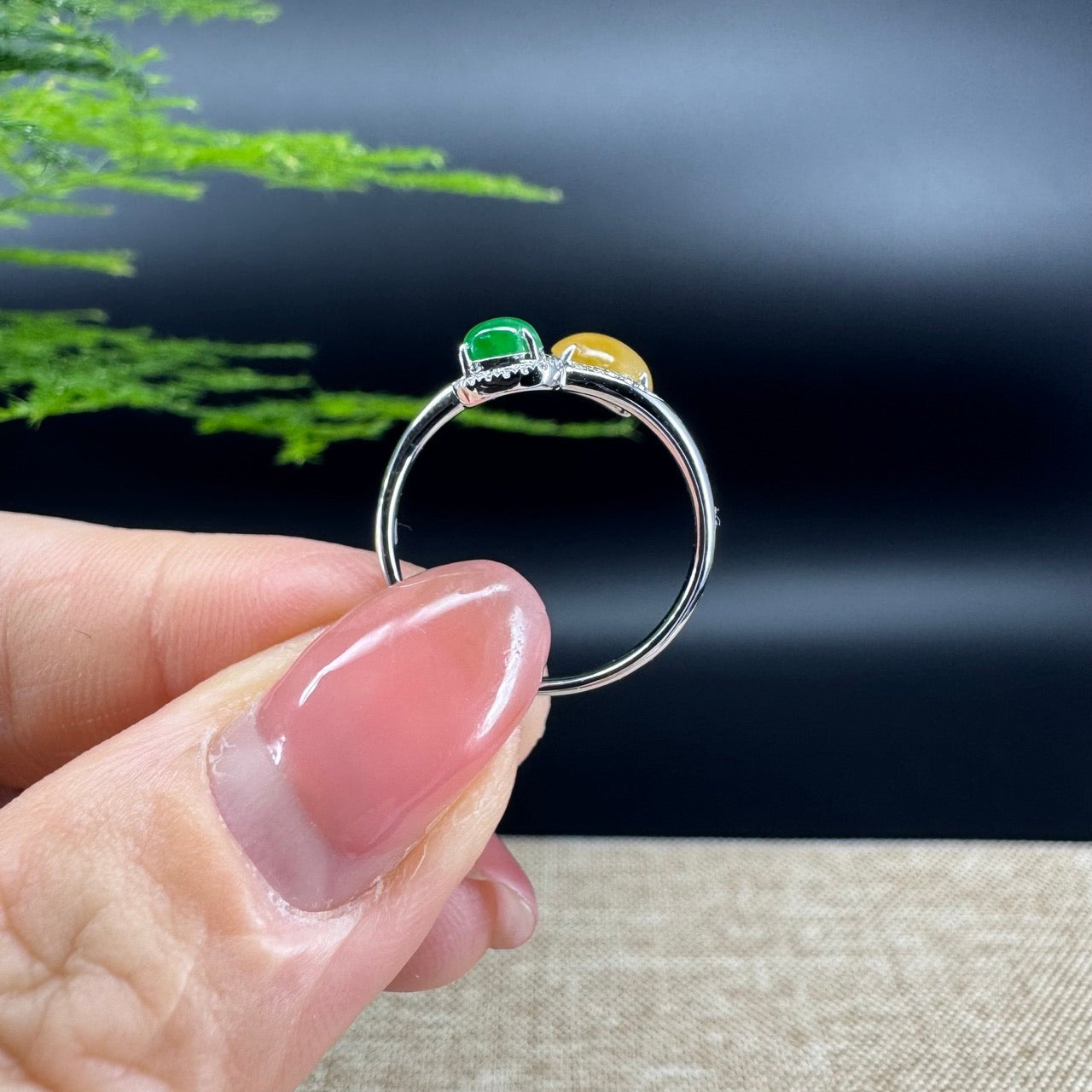 RealJade® "Elora" 18k White Gold Natural Ice Double Color Jadeite Engagement Ring