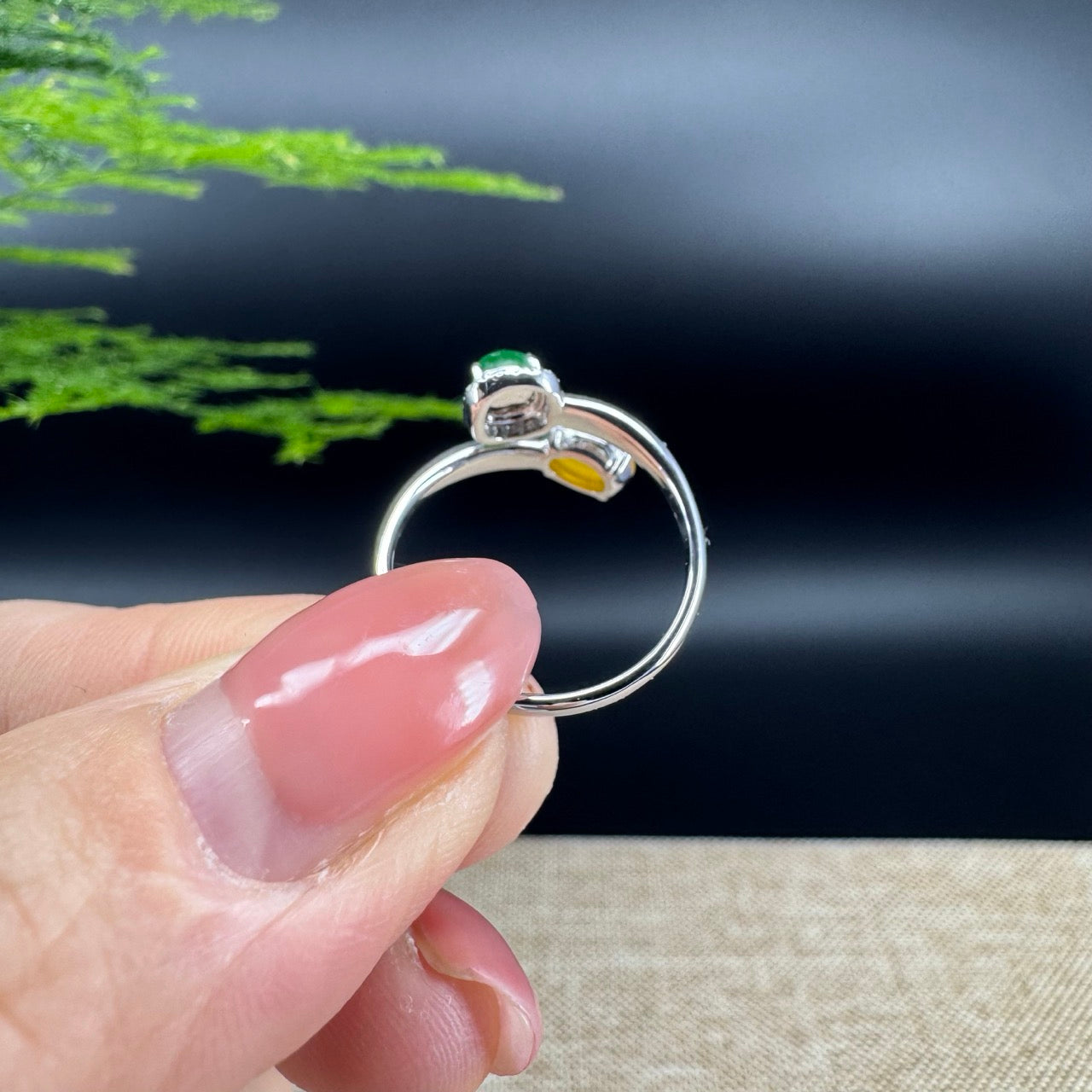 RealJade® "Elora" 18k White Gold Natural Ice Double Color Jadeite Engagement Ring