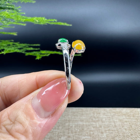 RealJade® "Elora" 18k White Gold Natural Ice Double Color Jadeite Engagement Ring