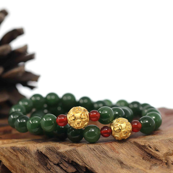 RealJade® Co. RealJade® Co. Natural Green Nephrite Jade Round Beads Bracelet with 24K Pure Yellow Gold Money Beads ( 9.5 mm )