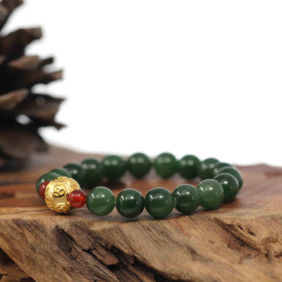 RealJade® Co. RealJade® Co. Natural Green Nephrite Jade Round Beads Bracelet with 24K Pure Yellow Gold Money Beads ( 9.5 mm )