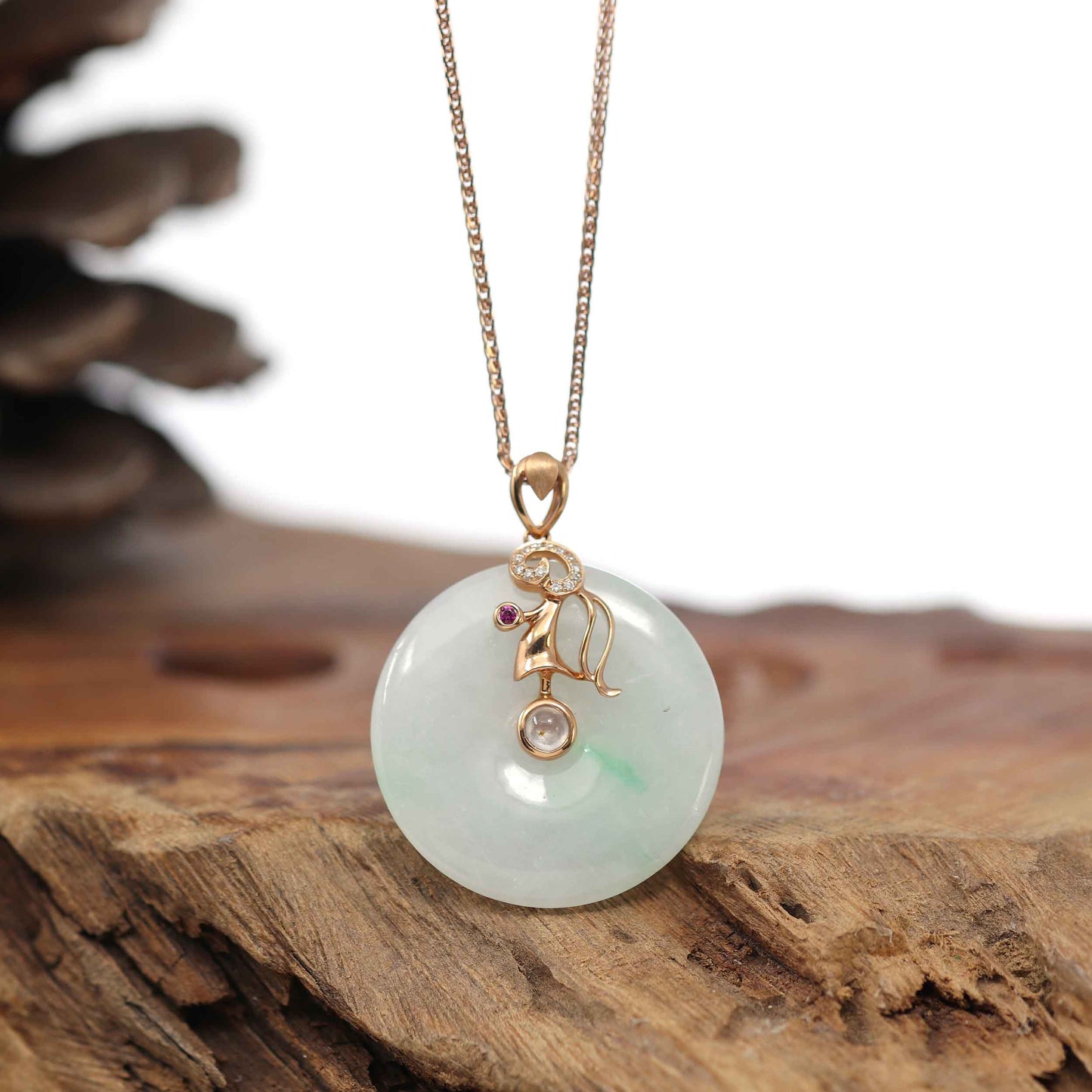 RealJade® Co. 18k Rose Gold Genuine Jadeite Constellation (Virgo) Necklace Pendant with Diamonds & Ruby