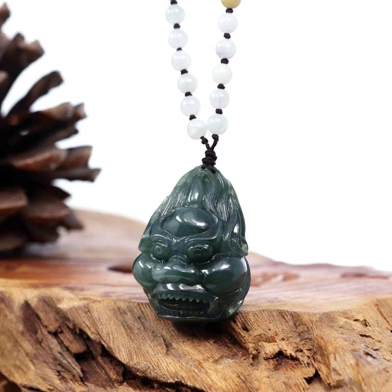RealJade® Co. "Fu Dog" (Guardian Lion) Natural Blue Green Jadeite Jade Necklace Collectibles