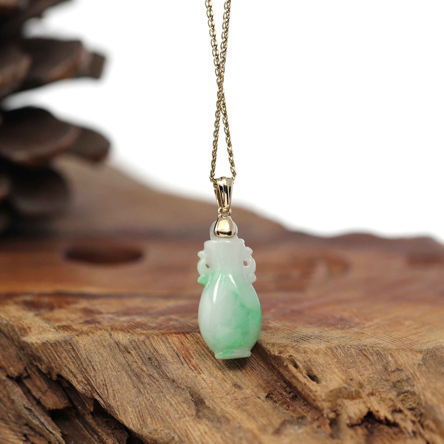 RealJade® Co. Natural Unique Jadeite Jade Lucky Bottle Necklace with 14k Yellow Gold Bail
