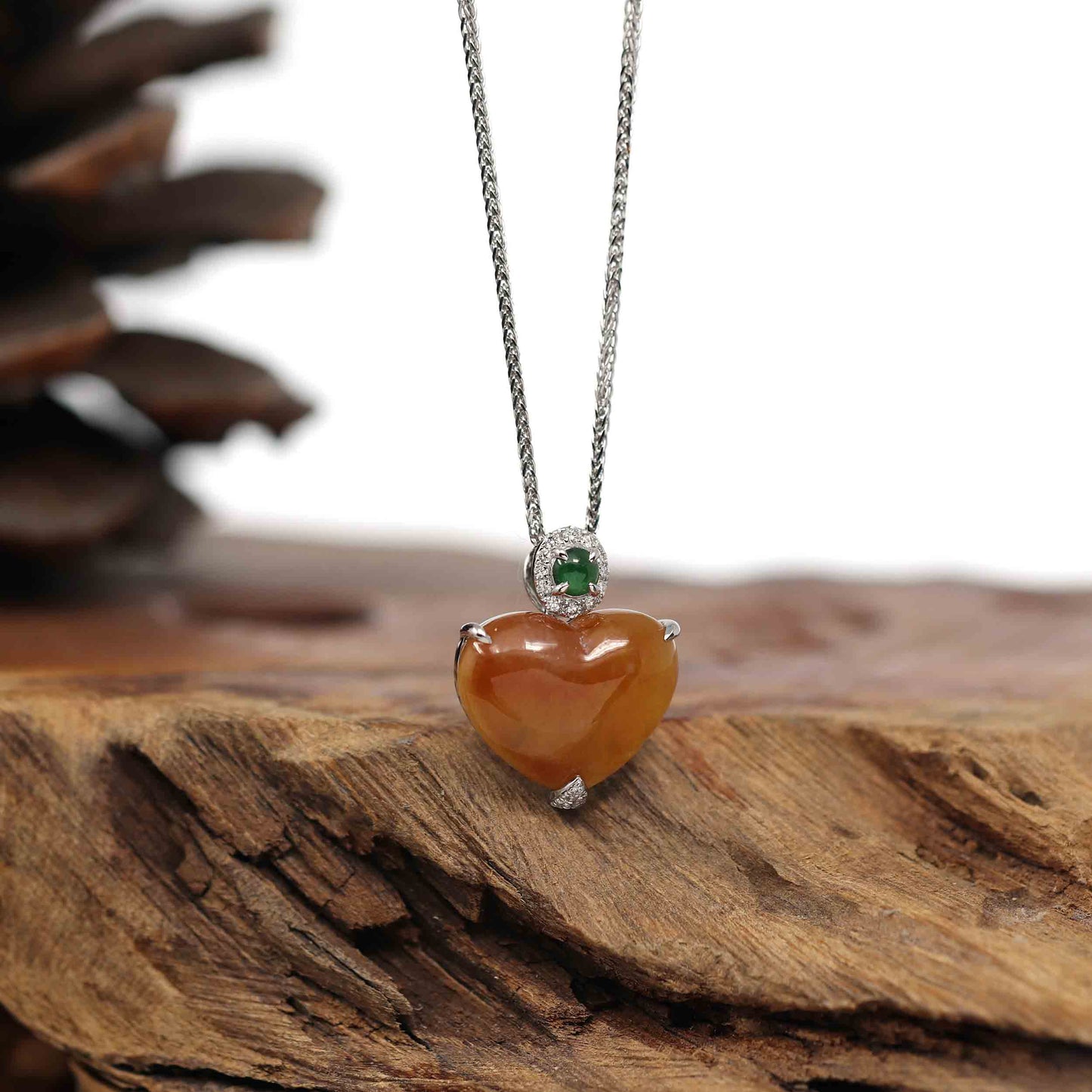 RealJade® Co. RealJade® Co. 14K Gold Genuine Burmese Orange Jadeite Jade Heart Pendant with VS1 Diamonds