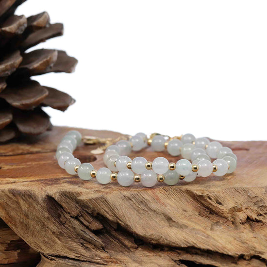 RealJade Co.® jade beads bracelet Baikalla High Genuine Ice Jadeite Jade Round Beads Bracelet With 18K Yellow Gold Clasp (6.5mm)