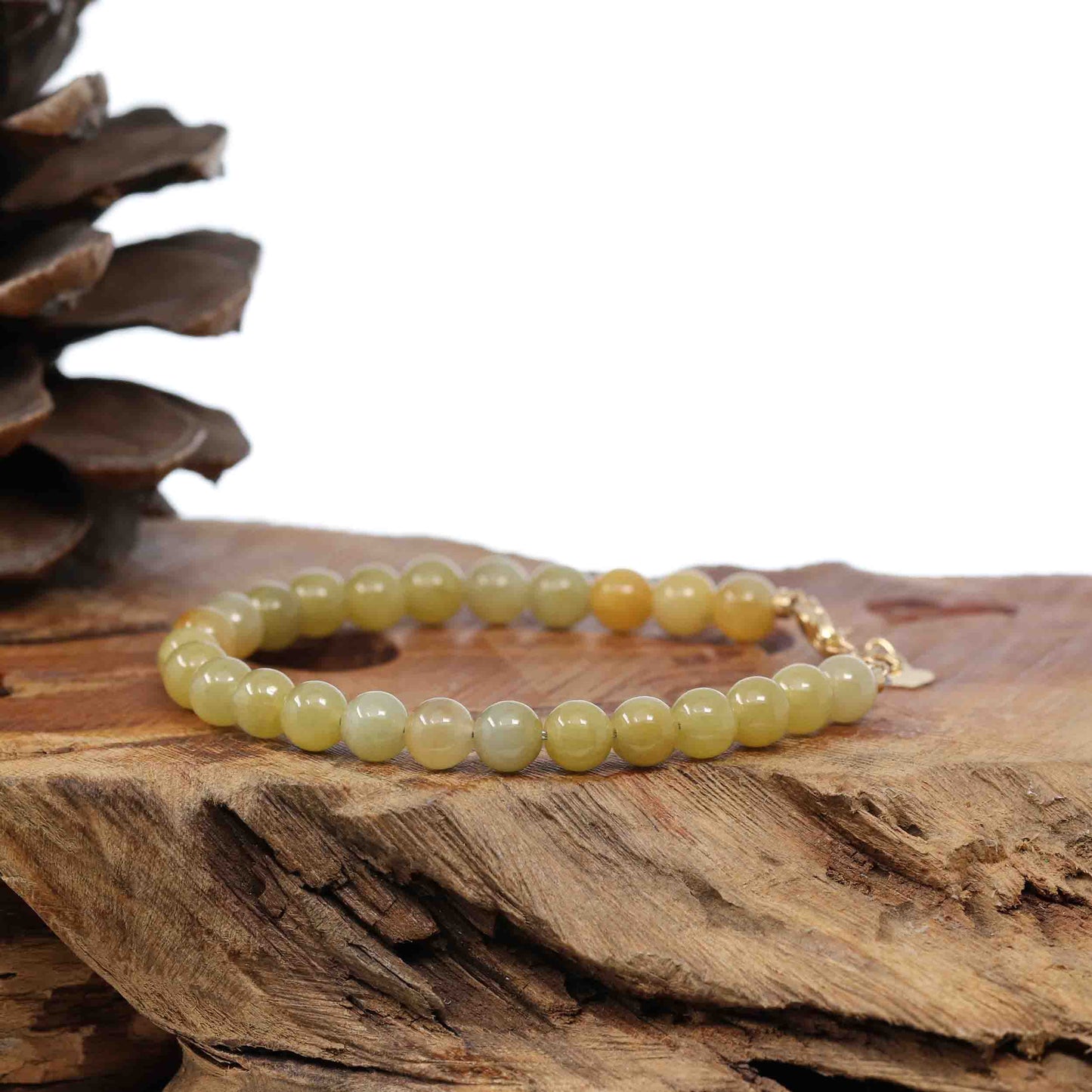 RealJade Co.® jade beads bracelet Sterling Silver Yellow Jadeite Jade Beads Bracelet (6.5 mm)