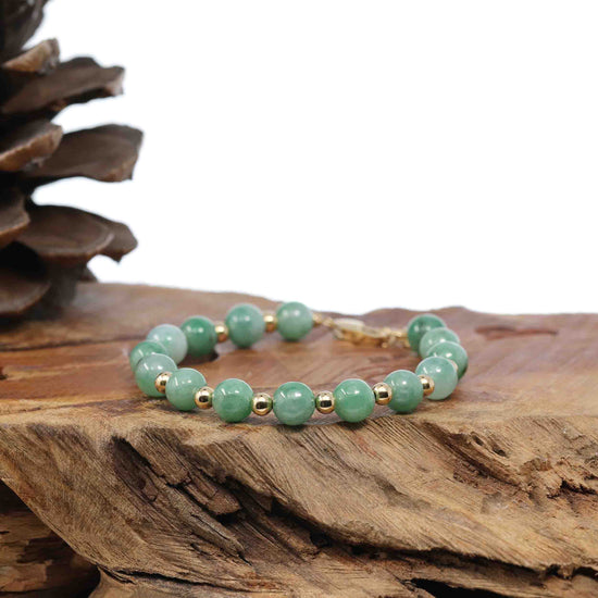RealJade Co.® jade beads bracelet 6.5 inches Sterling Silver Gold Plated Genuine Green Jadeite Jade Bead Bracelet ( 7 mm )