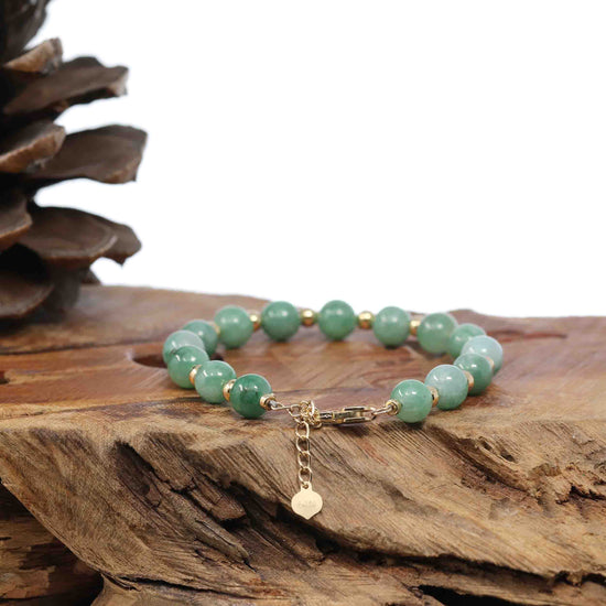 RealJade Co.® jade beads bracelet Sterling Silver Gold Plated Genuine Green Jadeite Jade Bead Bracelet ( 7 mm )