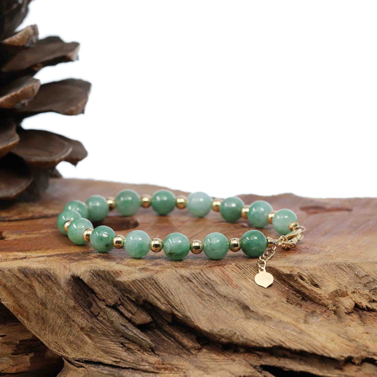 RealJade Co.® jade beads bracelet Sterling Silver Gold Plated Genuine Green Jadeite Jade Bead Bracelet ( 7 mm )