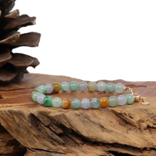 RealJade Co.® jade beads bracelet 6.5 inches Sterling Silver Multiple Colors Jadeite Jade Beads Bracelet (6.5 mm)