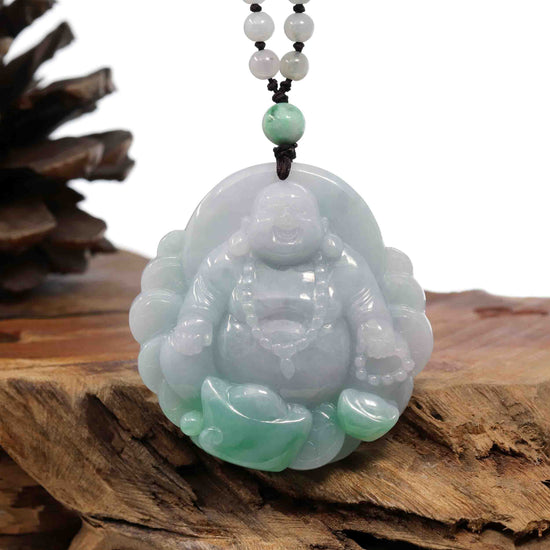 RealJade Co.® Gold Jadeite Jade Pendant Necklace Natural Burmese Jadeite Jade Happy Buddha