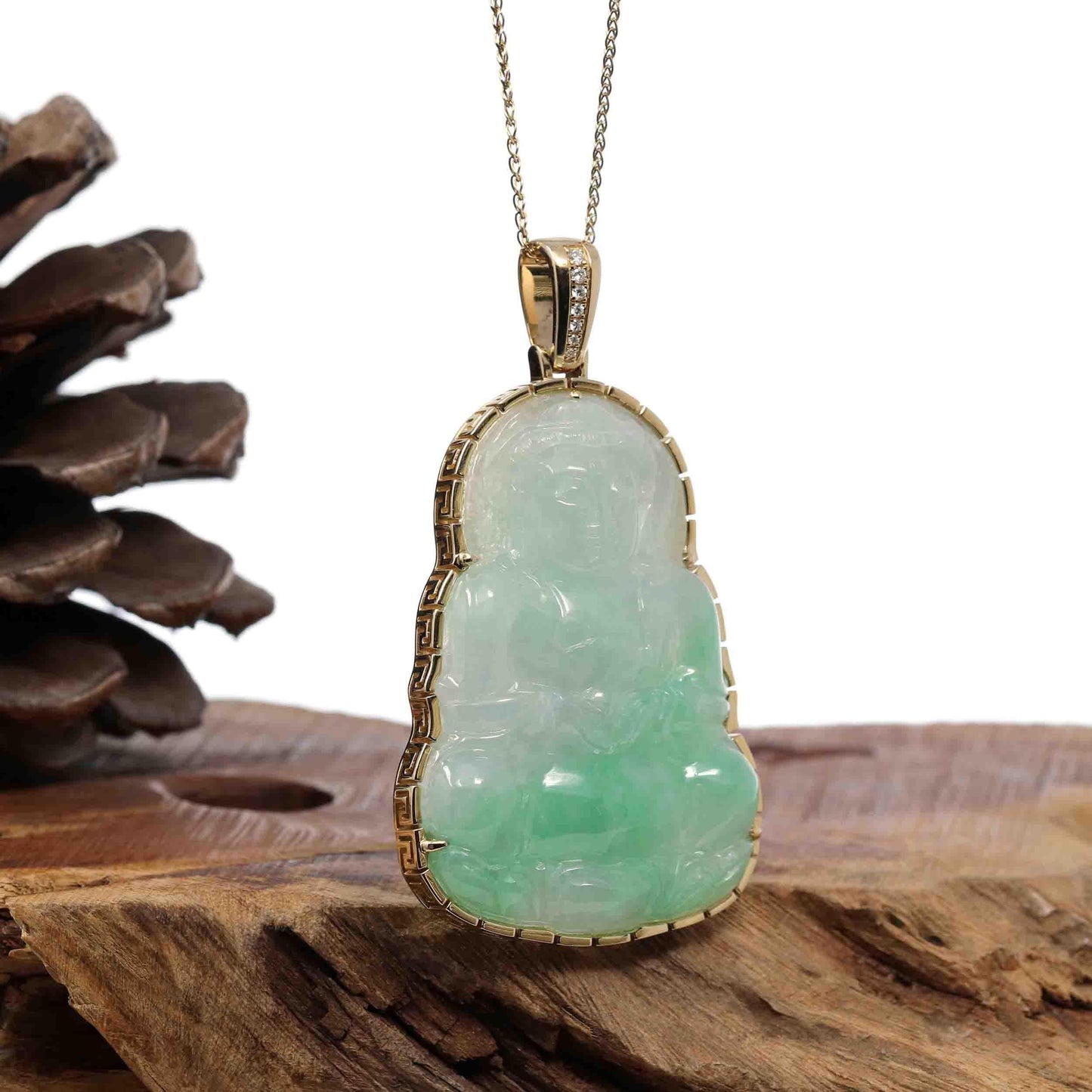 RealJade Co.® Jade Guanyin Pendant Necklace Copy of "Goddess of Compassion" 18k Yellow Gold Genuine Burmese Jadeite Jade Guanyin Necklace
