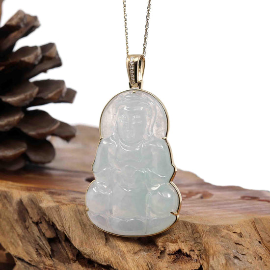 RealJade Co.® Jade Guanyin Pendant Necklace Pendant Only "Goddess of Compassion" 14k Yellow Gold Genuine Burmese Jadeite Jade Guanyin Necklace