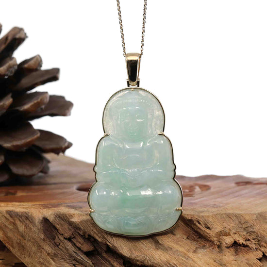 RealJade Co.® Jade Guanyin Pendant Necklace Pendant Only "Goddess of Compassion" 18k Yellow Gold Genuine Burmese Jadeite Jade Guanyin Necklace