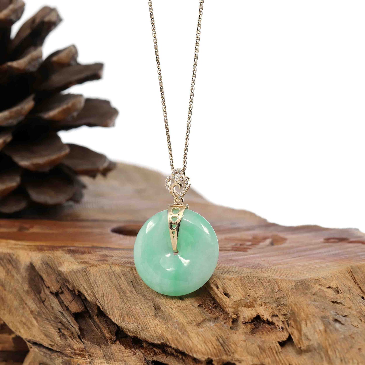 RealJade Co.® Gold Jadeite Jade Pendant Necklace Pendant Only 14K Yellow Gold "Good Luck Button" Necklace Green Jadeite Jade Lucky KouKou Pendant Necklace