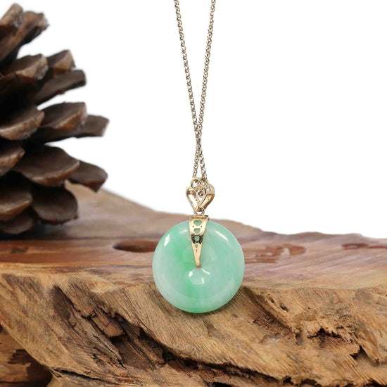 RealJade Co.® Gold Jadeite Jade Pendant Necklace 14K Yellow Gold "Good Luck Button" Necklace Green Jadeite Jade Lucky KouKou Pendant Necklace