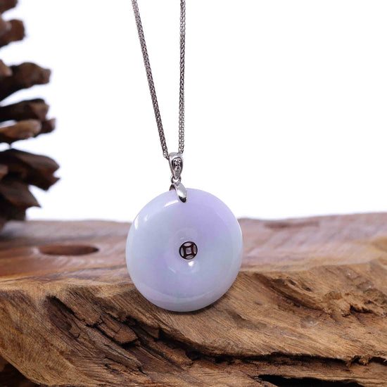 Load image into Gallery viewer, &amp;quot;Good Luck Button&amp;quot; Lavender Jadeite Jade Lucky KouKou Pendant With 14K White Gold Bail
