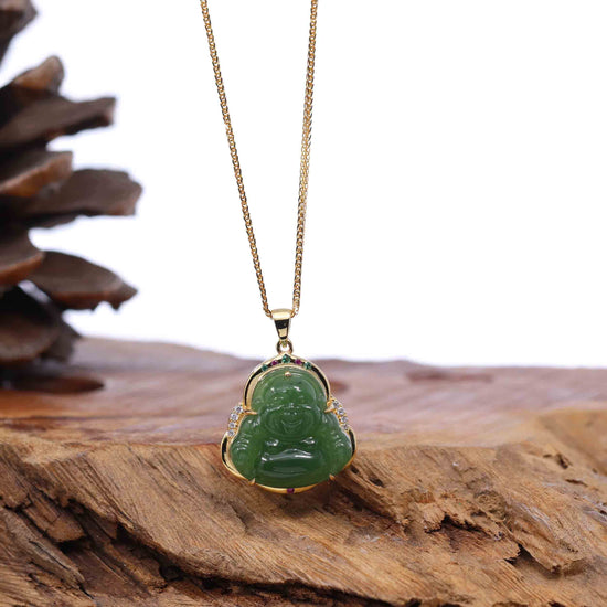 RealJade® Co. "Laughing Buddha" Gold Plated Nephrite Jade Necklace Pendant