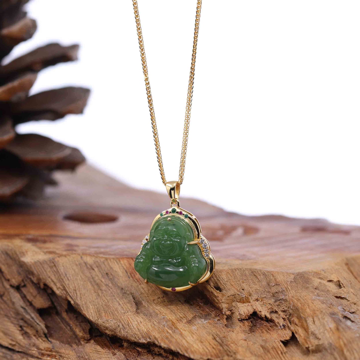 RealJade® Co. "Laughing Buddha" Gold Plated Nephrite Jade Necklace Pendant
