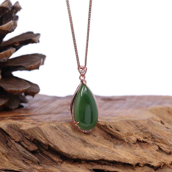 RealJade® Co. Tear-Drop Nephrite Jade Necklace Pendant with 18k Rose Gold Plated