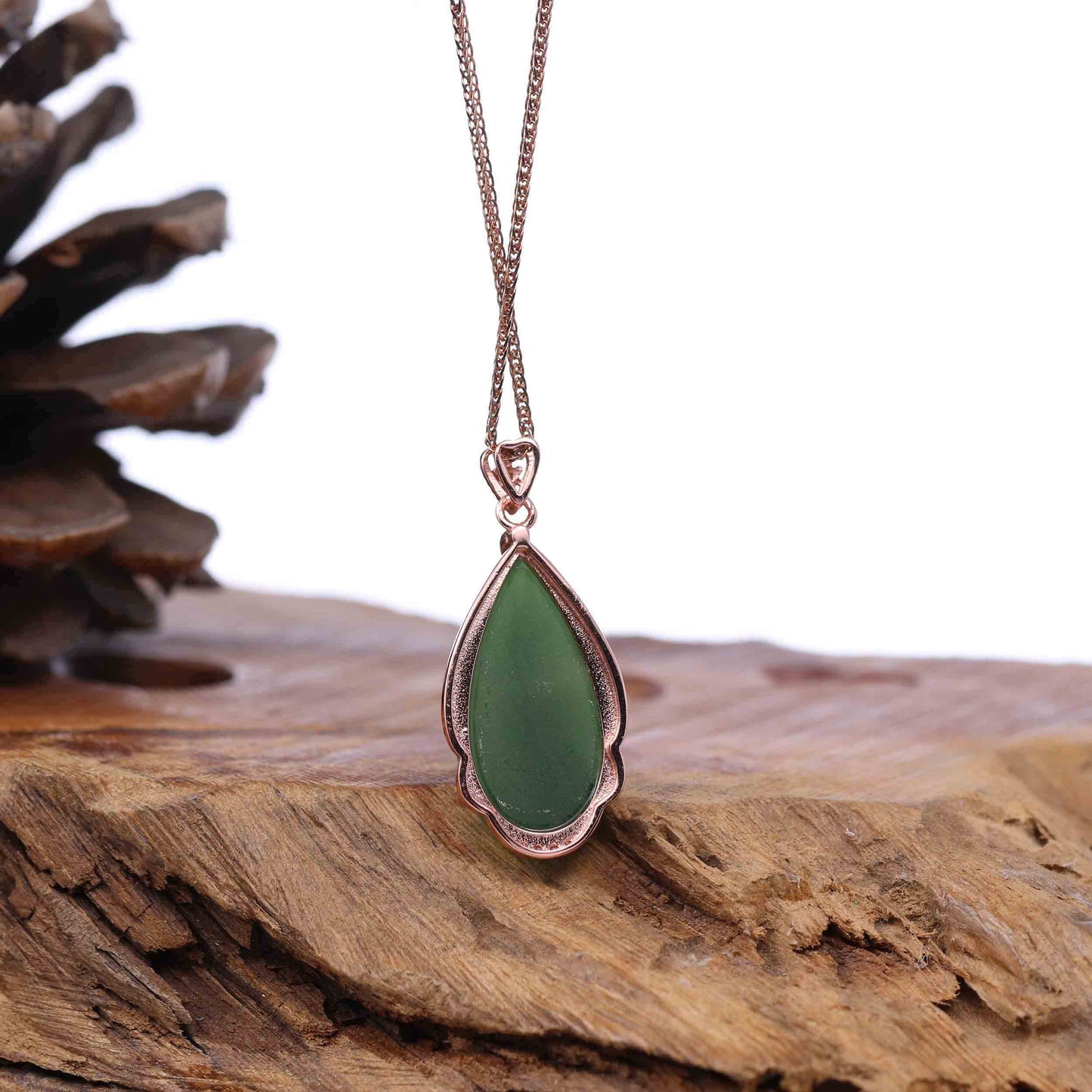RealJade® Co. Tear-Drop Nephrite Jade Necklace Pendant with 18k Rose Gold Plated