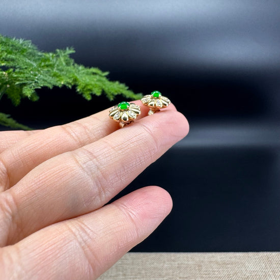 RealJade® 18k Yellow Gold Classic Imperial Green Jade Flower Earrings with Diamonds