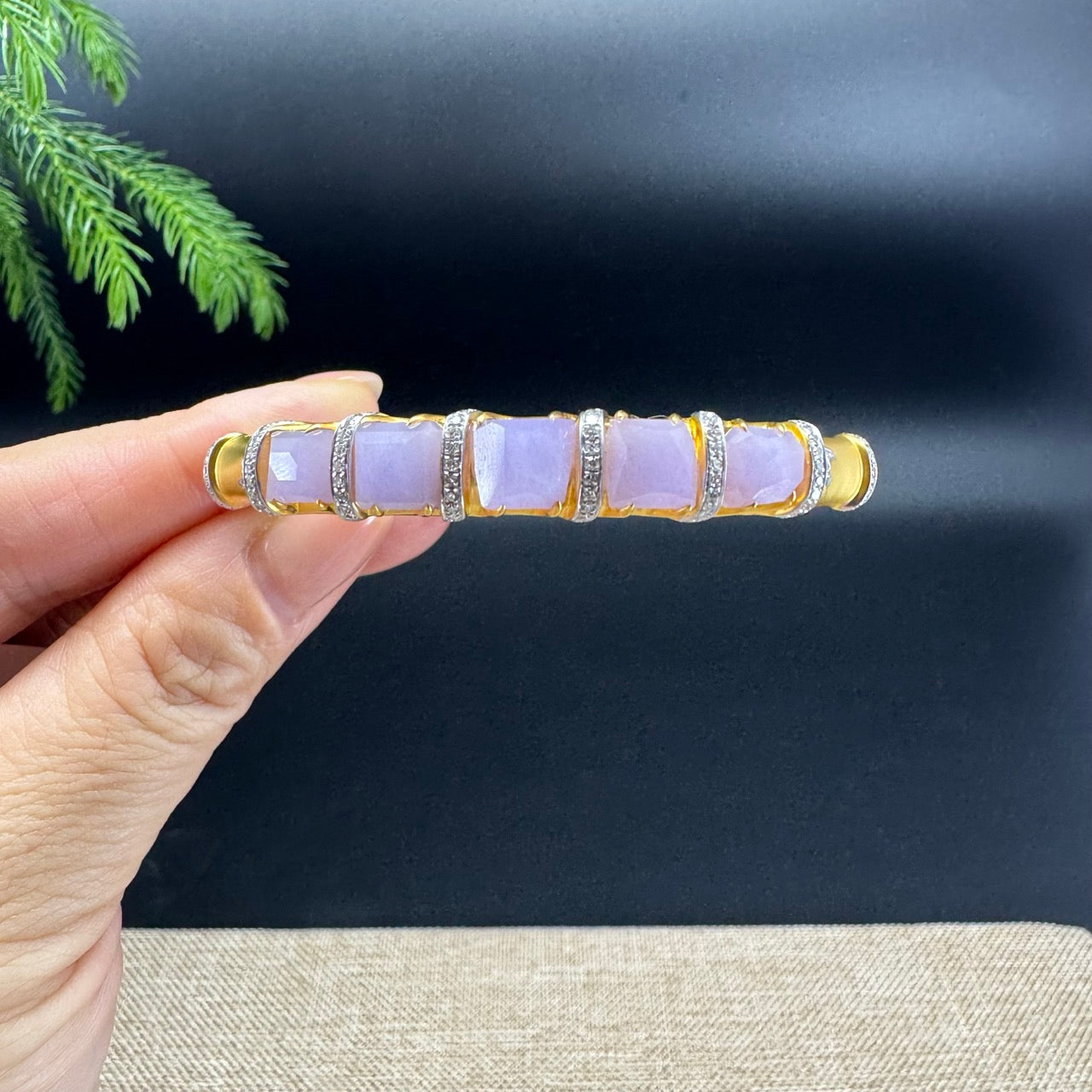 RealJade Luxury 18K Yellow Gold Genuine Lavender Jadeite Jade Bamboo Bangle