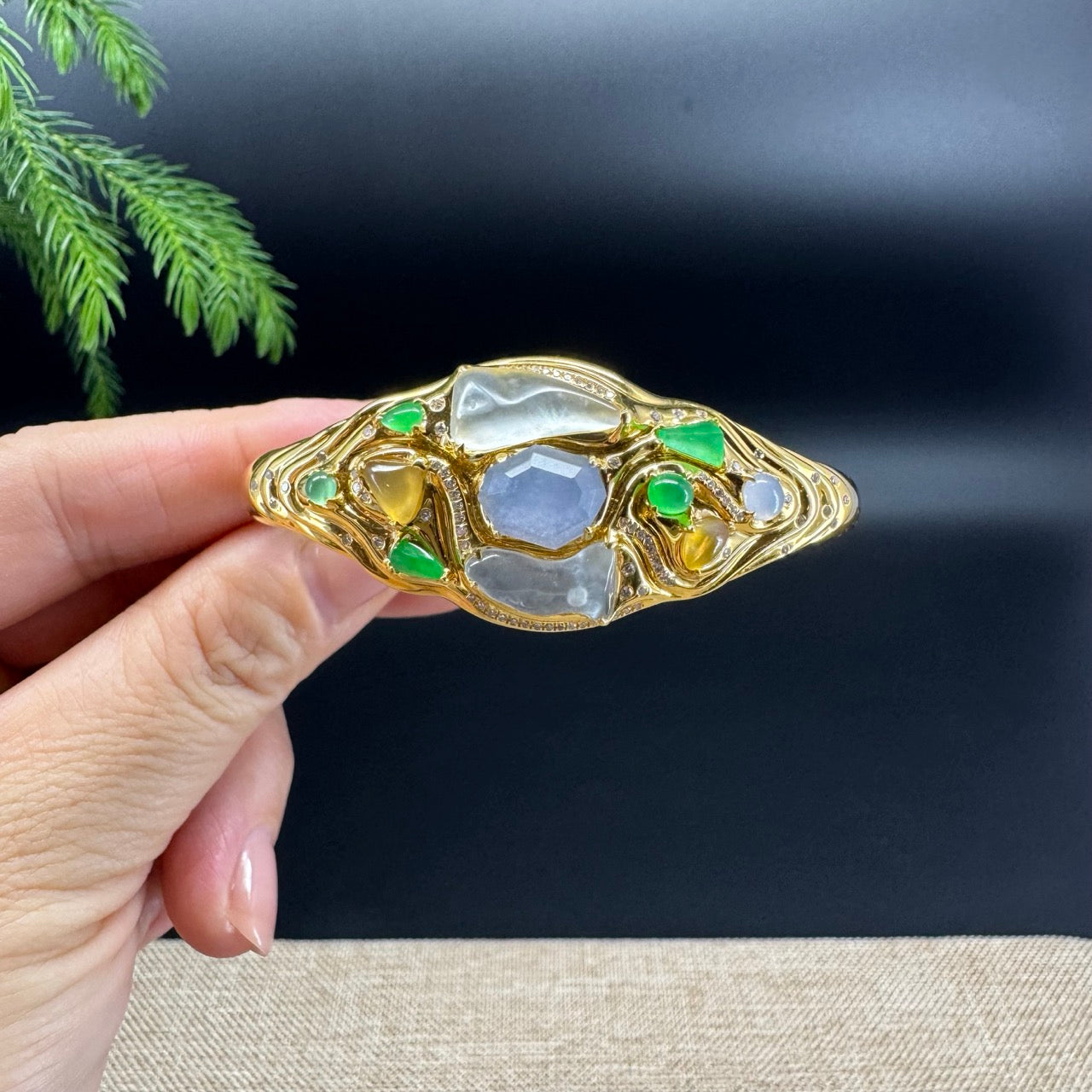 RealJade Luxury 18K Yellow Gold Genuine Multicolor Jadeite Jade Bracelet With Diamonds