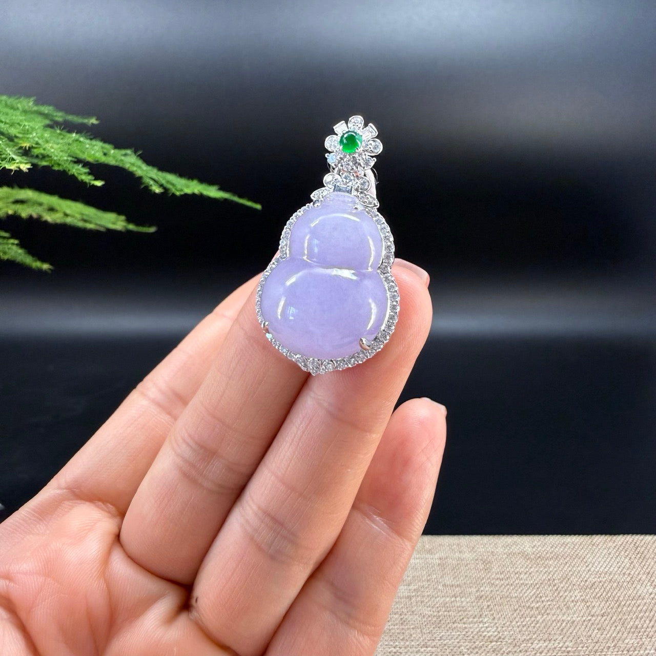 RealJade® Co. 18K White Gold Genuine Lavender Jadeite Jade Hu Lu Necklace