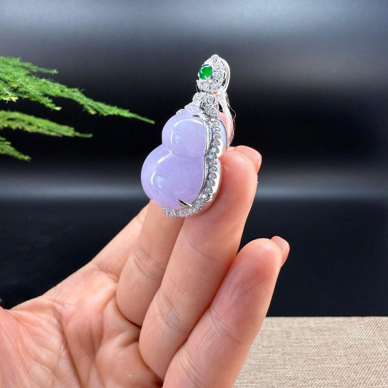 RealJade® Co. 18K White Gold Genuine Lavender Jadeite Jade Hu Lu Necklace