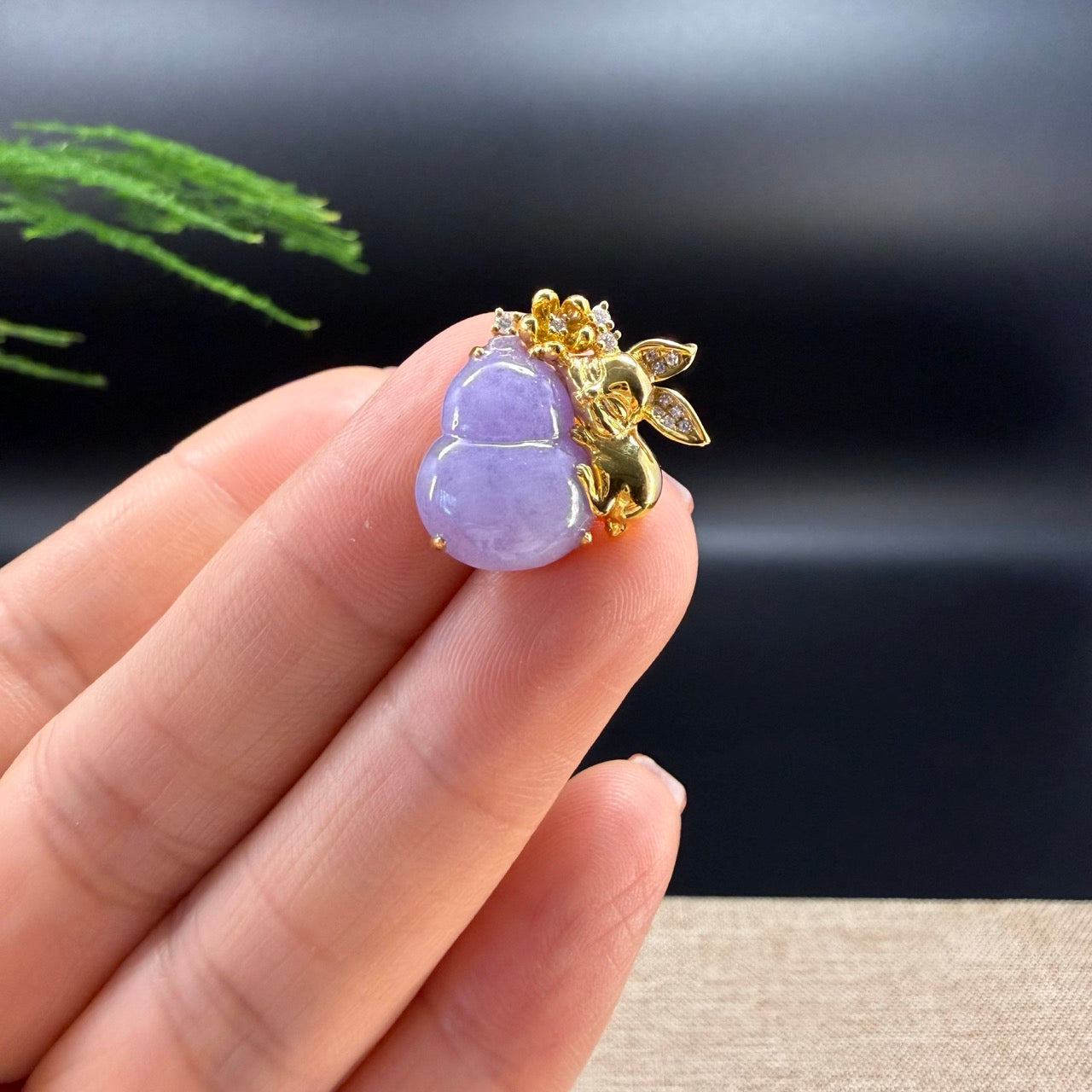 Genuine Lavender Jadeite Jade Good Luck Hulu Necklace With 18K Yellow Gold Diamonds Bail