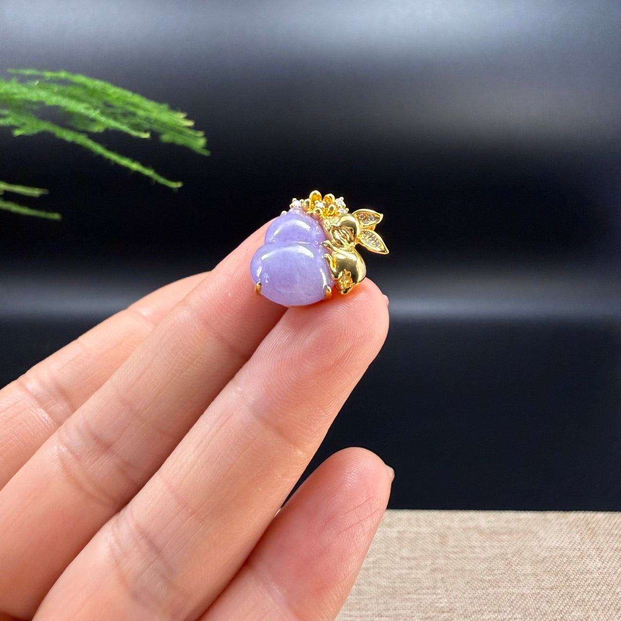 Genuine Lavender Jadeite Jade Good Luck Hulu Necklace With 18K Yellow Gold Diamonds Bail