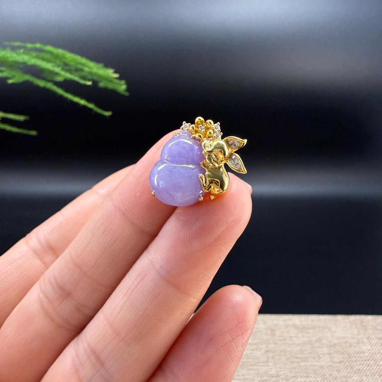 Genuine Lavender Jadeite Jade Good Luck Hulu Necklace With 18K Yellow Gold Diamonds Bail
