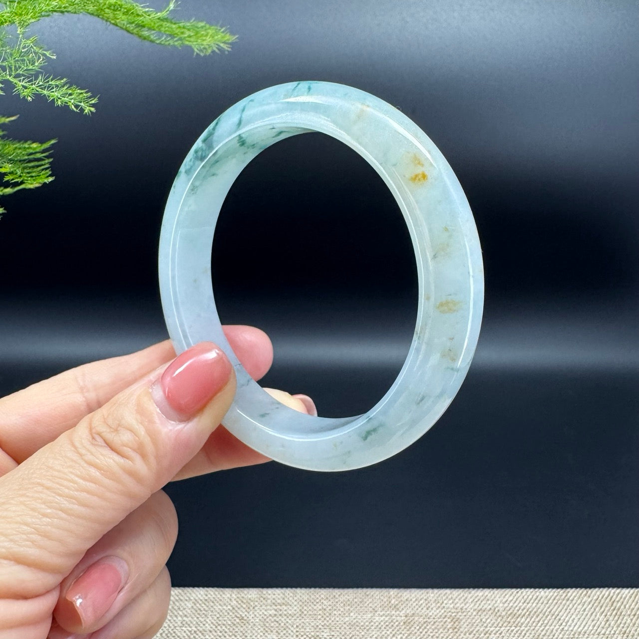 Genuine Burmese Icy Blue Flower Jadeite Jade Bangle Bracelet (57.3mm)