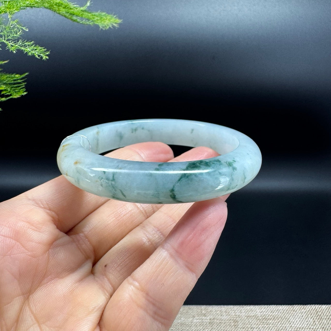 Genuine Burmese Icy Blue Flower Jadeite Jade Bangle Bracelet (57.3mm)