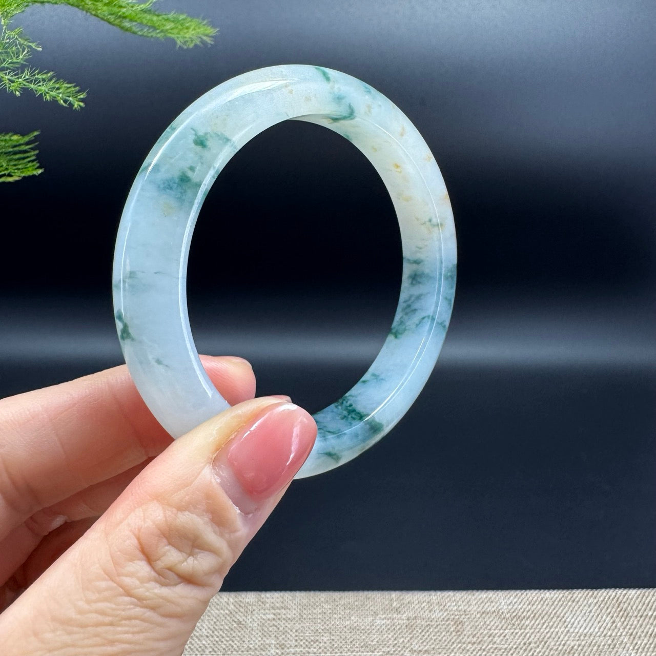 Genuine Burmese Icy Blue Flower Jadeite Jade Bangle Bracelet (55mm)