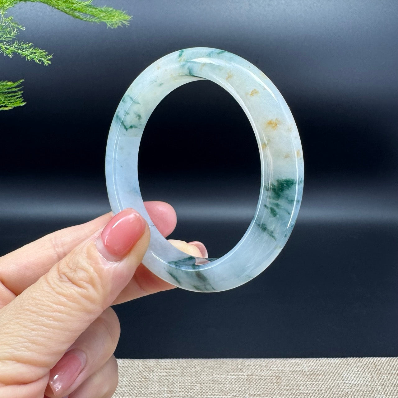 Genuine Burmese Icy Blue Flower Jadeite Jade Bangle Bracelet (55mm)